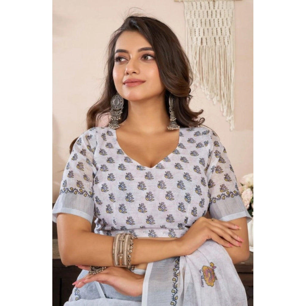 Snuggle Spot Women's Faux Linen Floral Print Ready to wear Saree With Unstitched Blouse 5.5Mtr (Off_White)