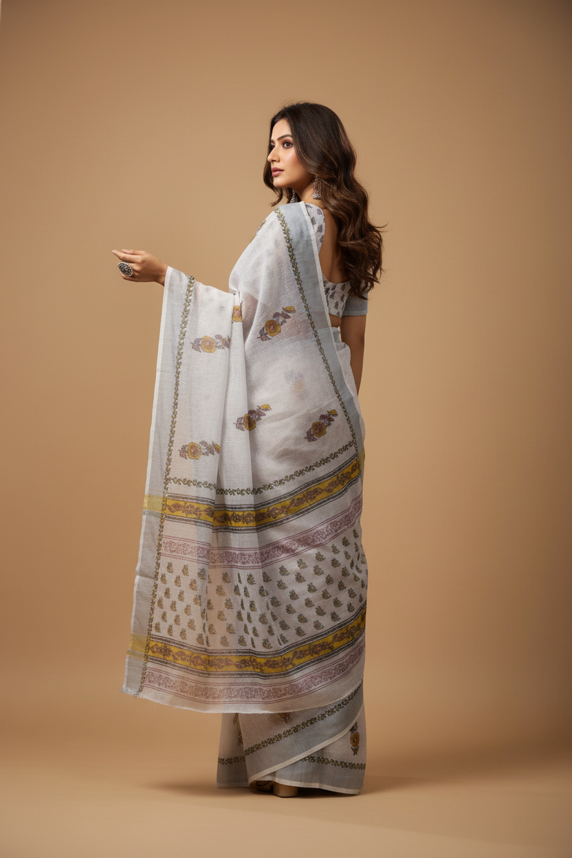 Snuggle Spot Women's Faux Linen Floral Print Ready to wear Saree With Unstitched Blouse 5.5Mtr (Off_White)