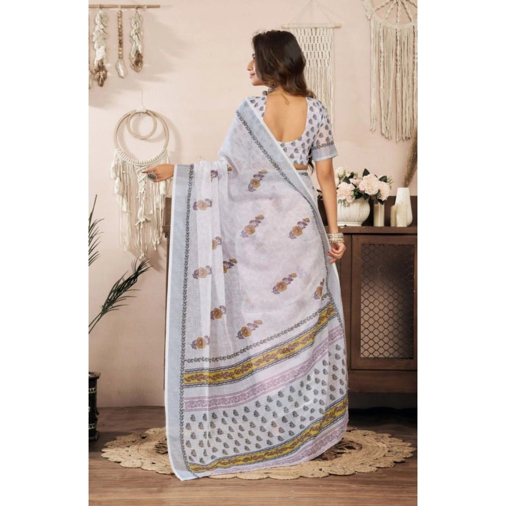 Snuggle Spot Women's Faux Linen Floral Print Ready to wear Saree With Unstitched Blouse 5.5Mtr (Off_White)