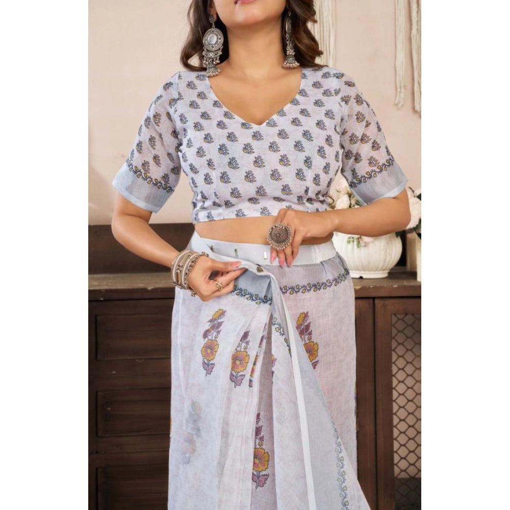 Snuggle Spot Women's Faux Linen Floral Print Ready to wear Saree With Unstitched Blouse 5.5Mtr (Off_White)
