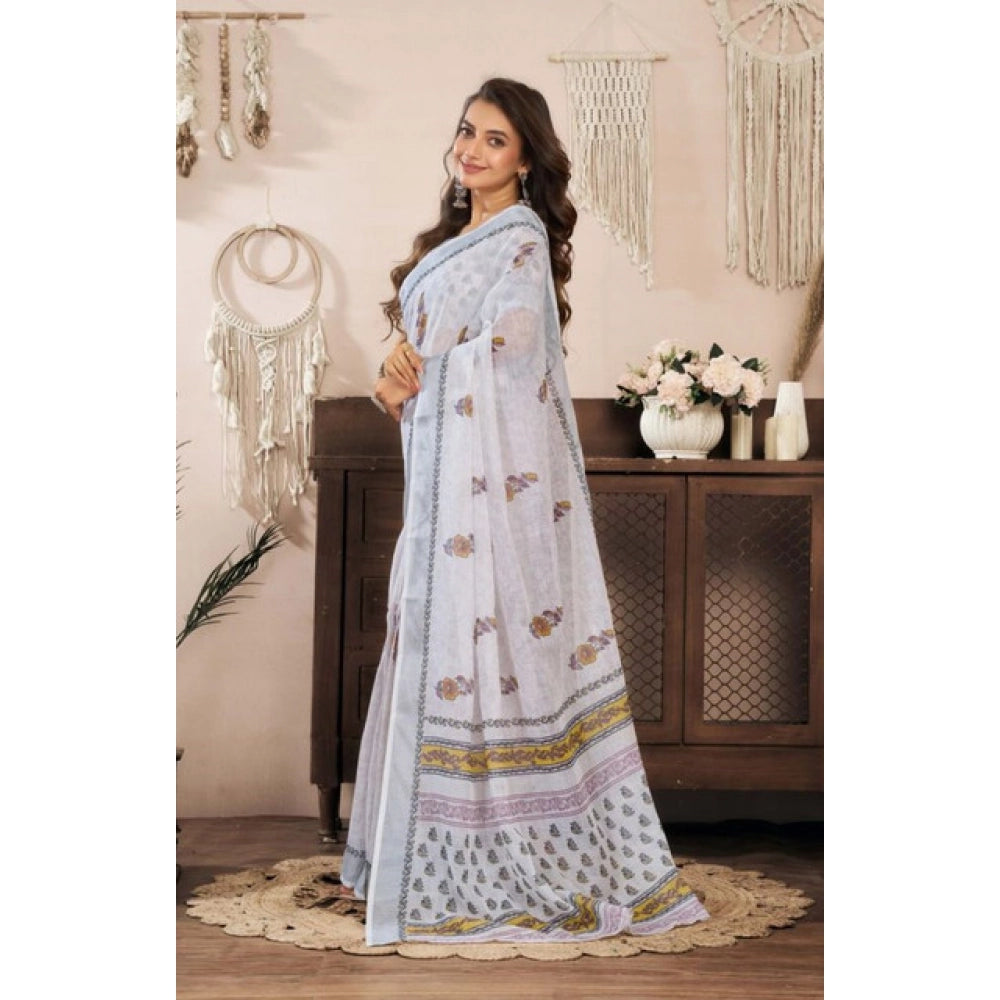 Snuggle Spot Women's Faux Linen Floral Print Ready to wear Saree With Unstitched Blouse 5.5Mtr (Off_White)