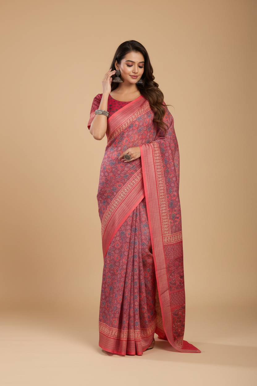 Snuggle Spot Women's Faux Linen Geometric Print Ready to wear Saree With Unstitched Blouse 5.5Mtr (Red)