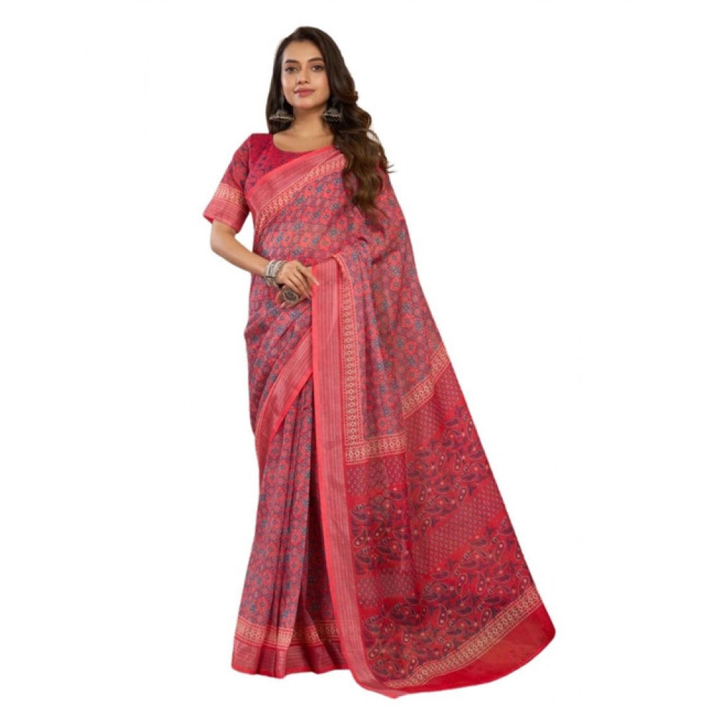 Snuggle Spot Women's Faux Linen Geometric Print Ready to wear Saree With Unstitched Blouse 5.5Mtr (Red)