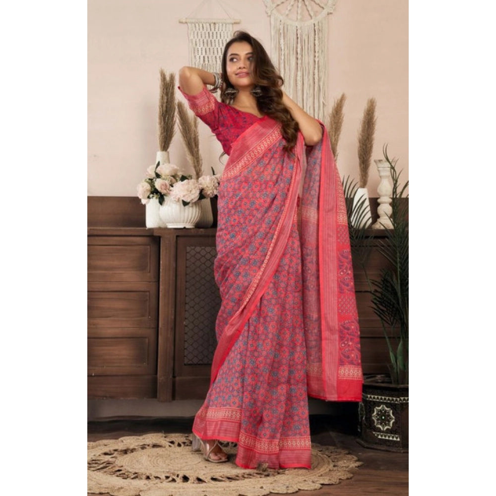 Snuggle Spot Women's Faux Linen Geometric Print Ready to wear Saree With Unstitched Blouse 5.5Mtr (Red)