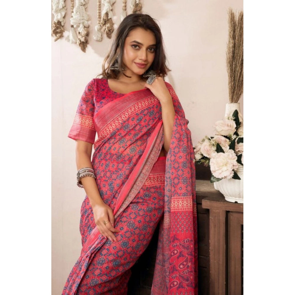 Snuggle Spot Women's Faux Linen Geometric Print Ready to wear Saree With Unstitched Blouse 5.5Mtr (Red)