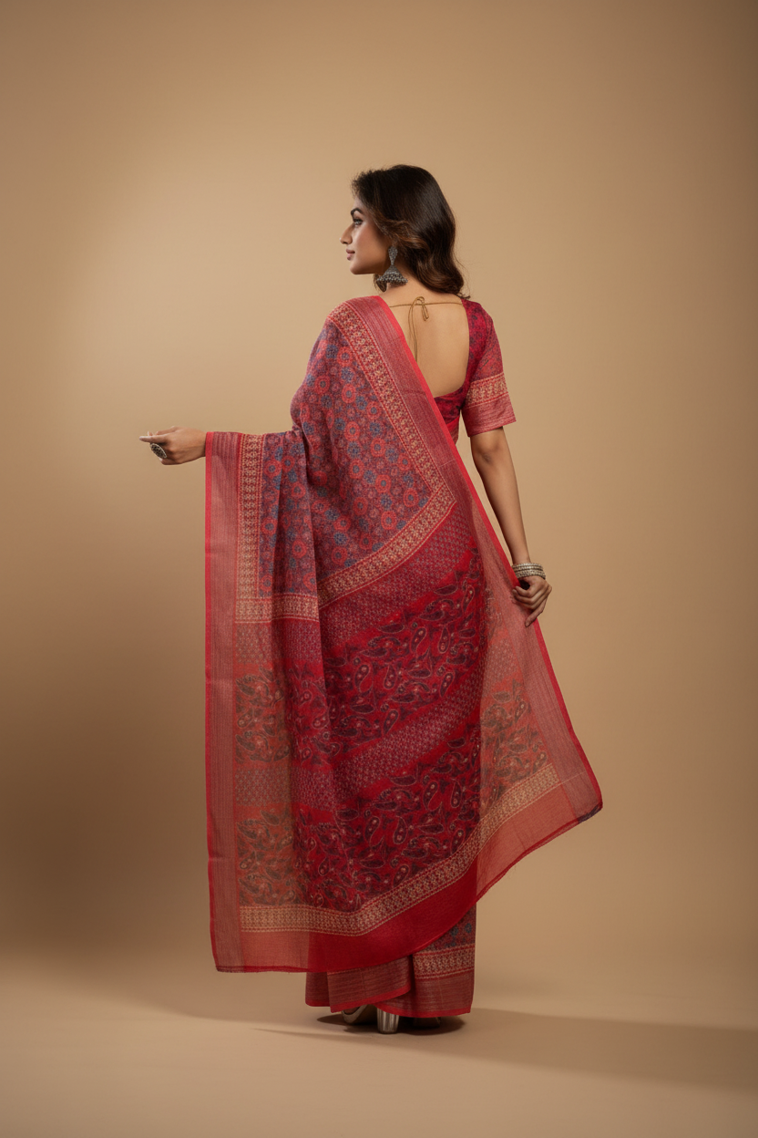 Snuggle Spot Women's Faux Linen Geometric Print Ready to wear Saree With Unstitched Blouse 5.5Mtr (Red)