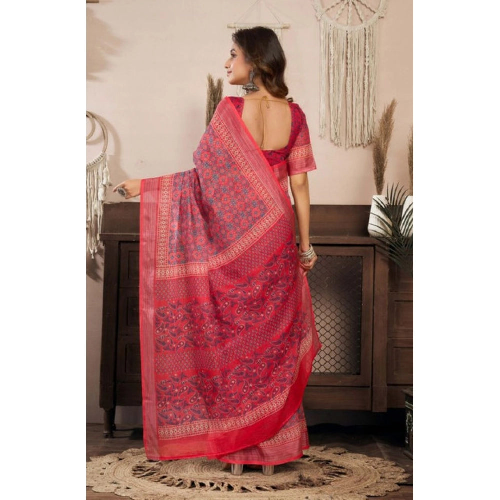 Snuggle Spot Women's Faux Linen Geometric Print Ready to wear Saree With Unstitched Blouse 5.5Mtr (Red)