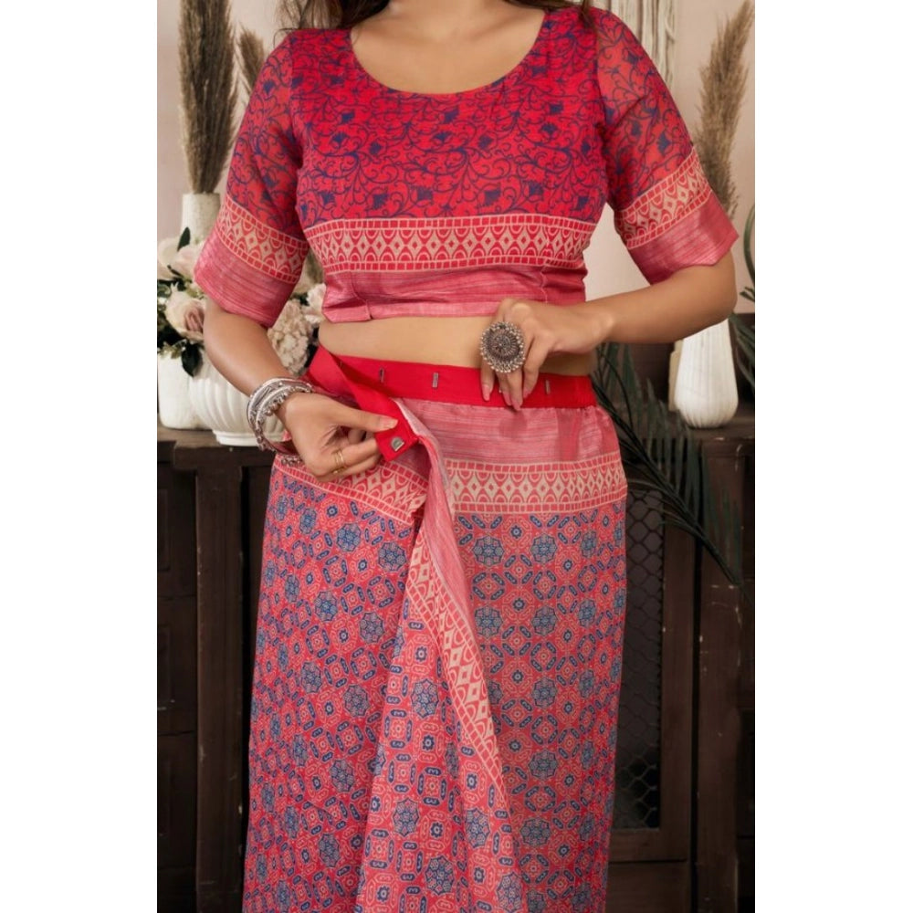 Snuggle Spot Women's Faux Linen Geometric Print Ready to wear Saree With Unstitched Blouse 5.5Mtr (Red)