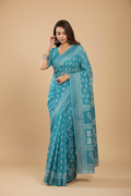 Snuggle Spot Women's Faux Linen Floral Print Ready to wear Saree With Unstitched Blouse 5.5Mtr (AquaBlue)