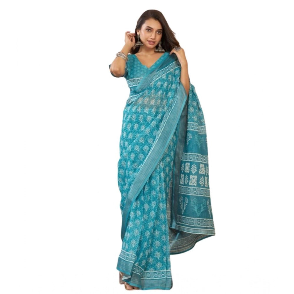 Snuggle Spot Women's Faux Linen Floral Print Ready to wear Saree With Unstitched Blouse 5.5Mtr (AquaBlue)
