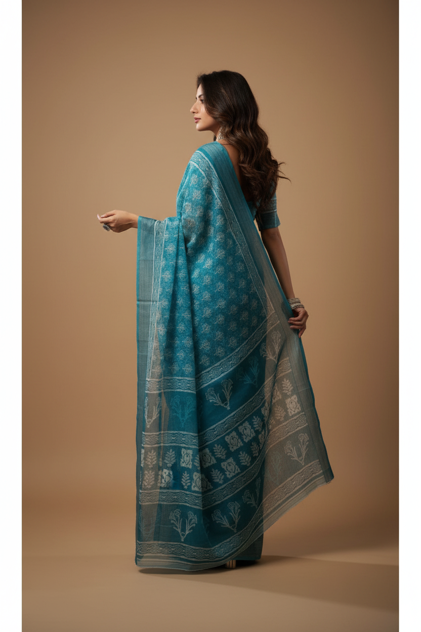 Snuggle Spot Women's Faux Linen Floral Print Ready to wear Saree With Unstitched Blouse 5.5Mtr (AquaBlue)