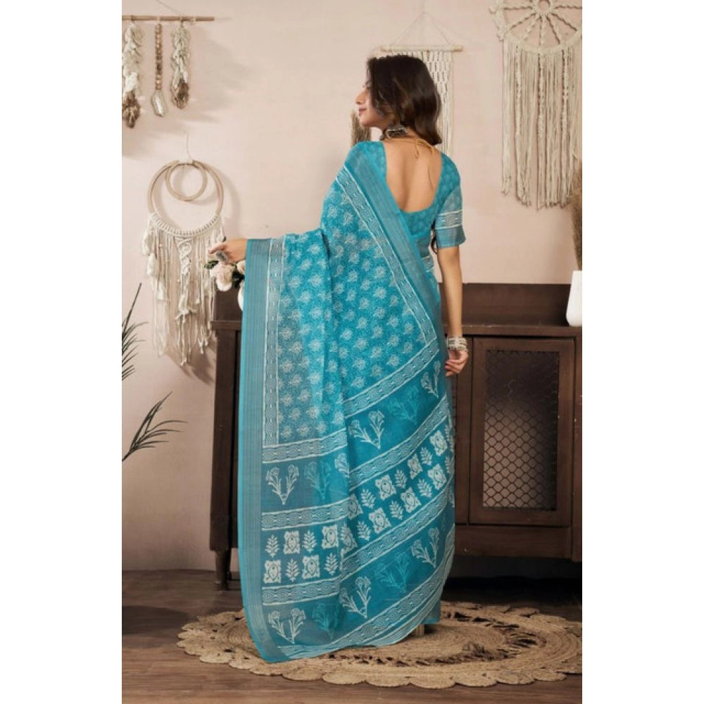 Snuggle Spot Women's Faux Linen Floral Print Ready to wear Saree With Unstitched Blouse 5.5Mtr (AquaBlue)