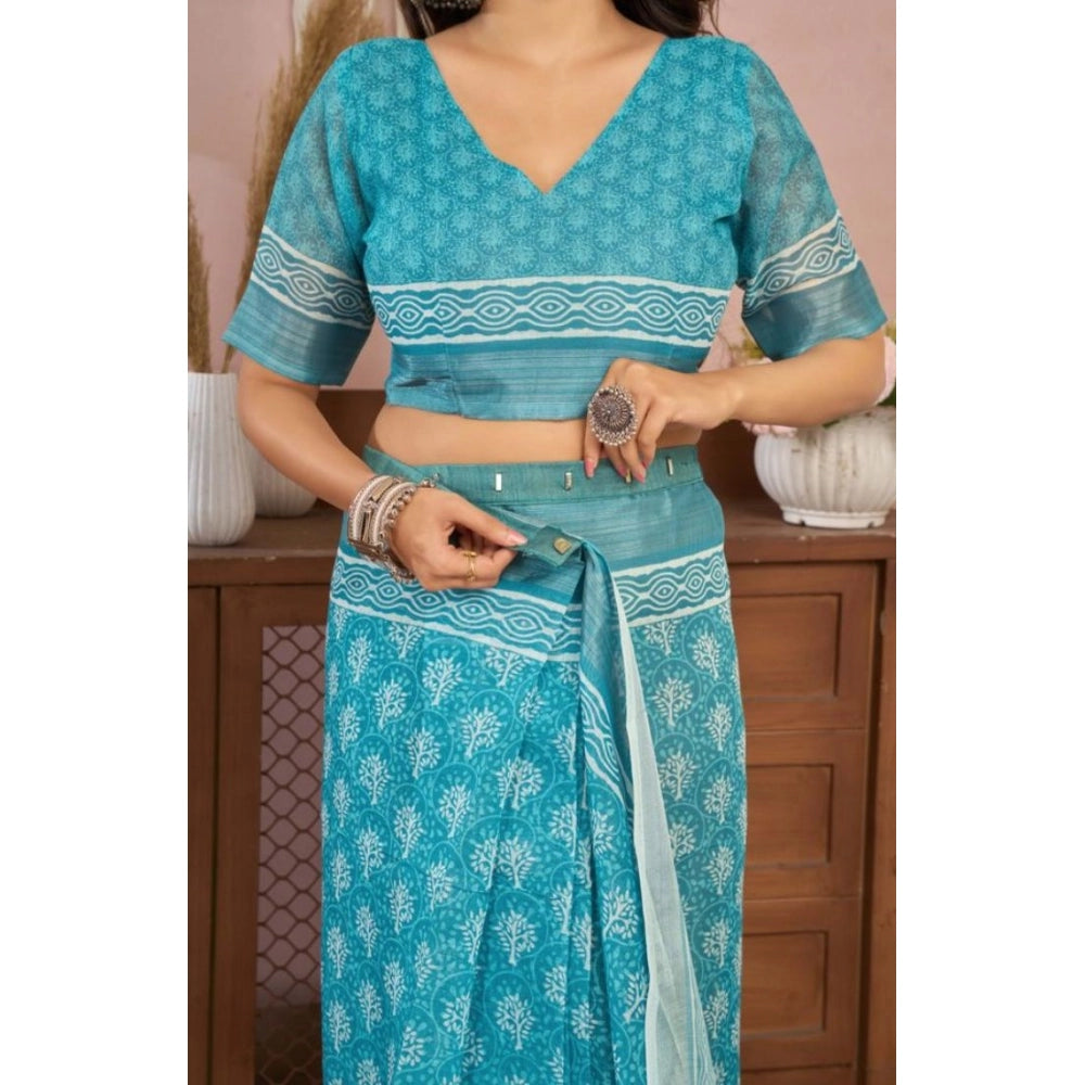Snuggle Spot Women's Faux Linen Floral Print Ready to wear Saree With Unstitched Blouse 5.5Mtr (AquaBlue)