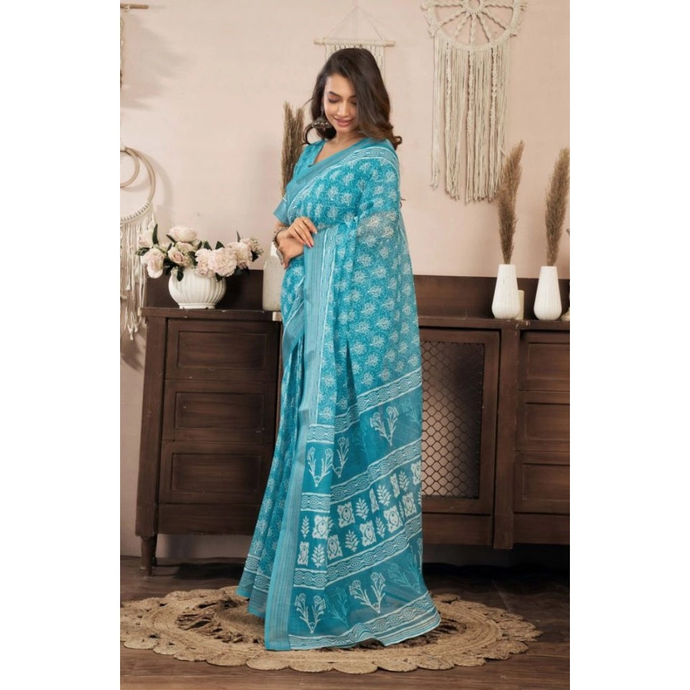 Snuggle Spot Women's Faux Linen Floral Print Ready to wear Saree With Unstitched Blouse 5.5Mtr (AquaBlue)