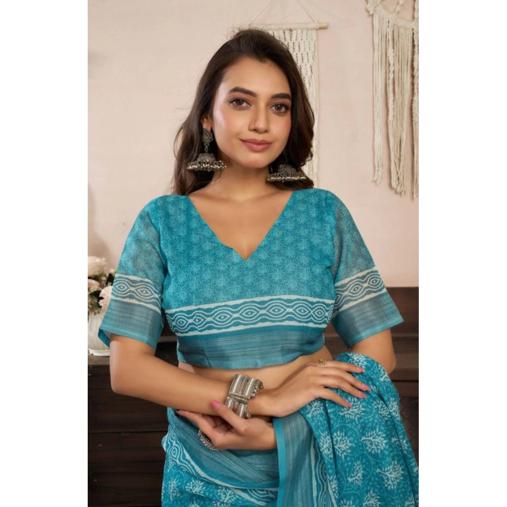 Snuggle Spot Women's Faux Linen Floral Print Ready to wear Saree With Unstitched Blouse 5.5Mtr (AquaBlue)