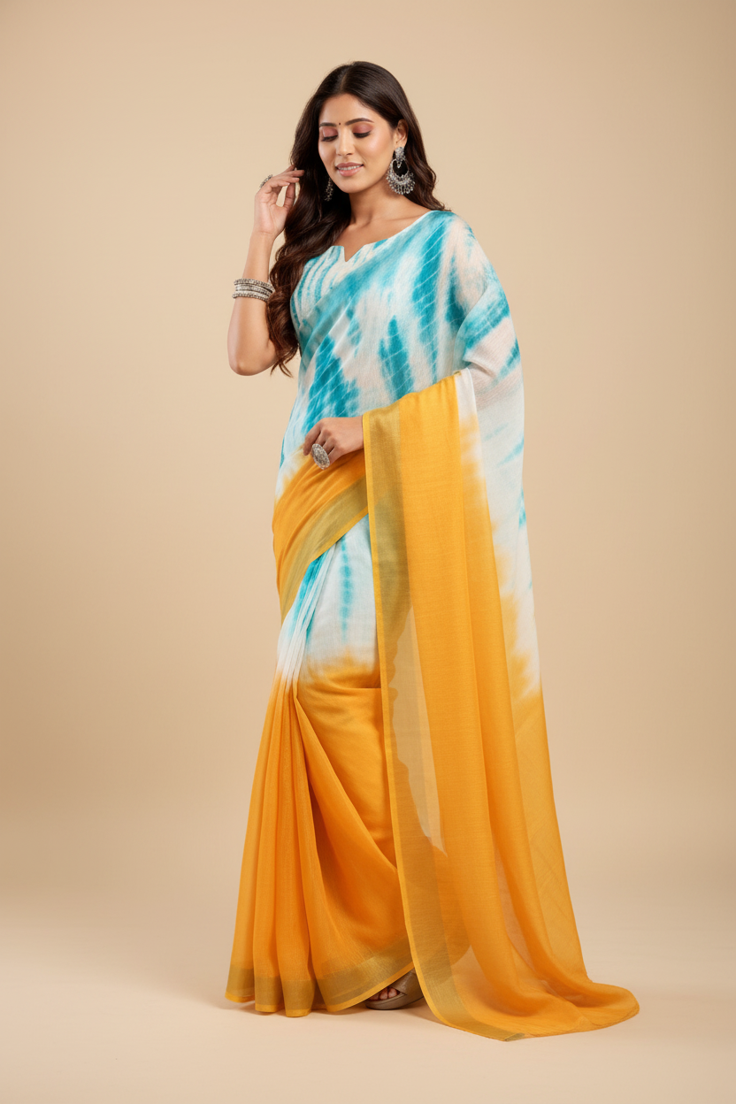 Snuggle Spot Women's Faux Linen Abstract Print Ready to wear Saree With Unstitched Blouse 5.5Mtr (Multicolor)