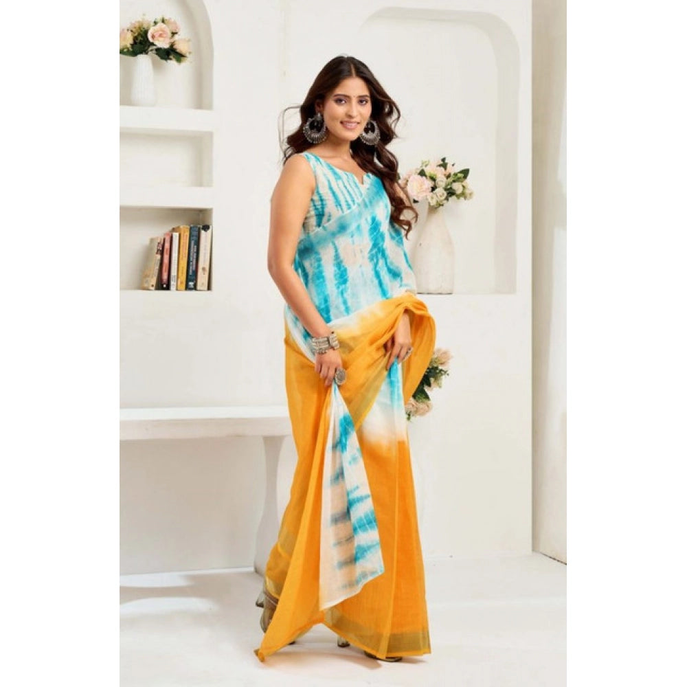 Snuggle Spot Women's Faux Linen Abstract Print Ready to wear Saree With Unstitched Blouse 5.5Mtr (Multicolor)