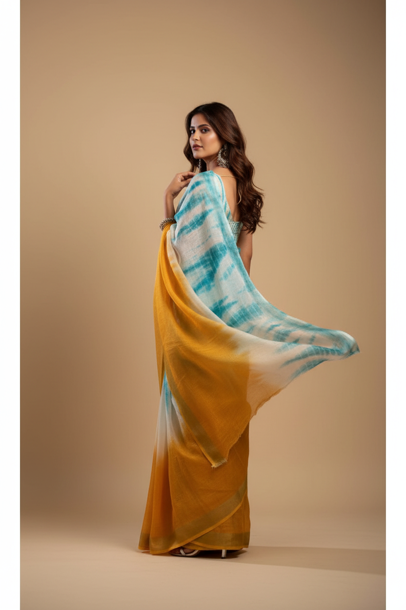 Snuggle Spot Women's Faux Linen Abstract Print Ready to wear Saree With Unstitched Blouse 5.5Mtr (Multicolor)