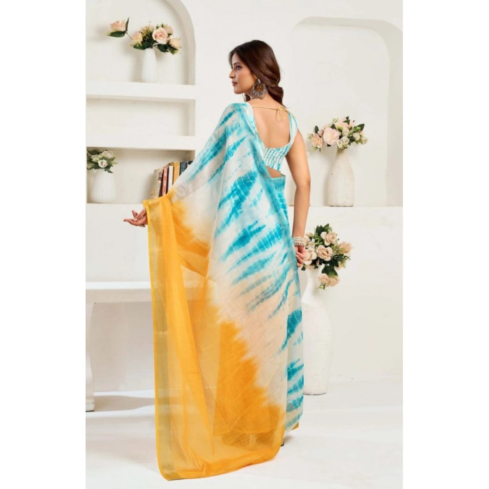 Snuggle Spot Women's Faux Linen Abstract Print Ready to wear Saree With Unstitched Blouse 5.5Mtr (Multicolor)