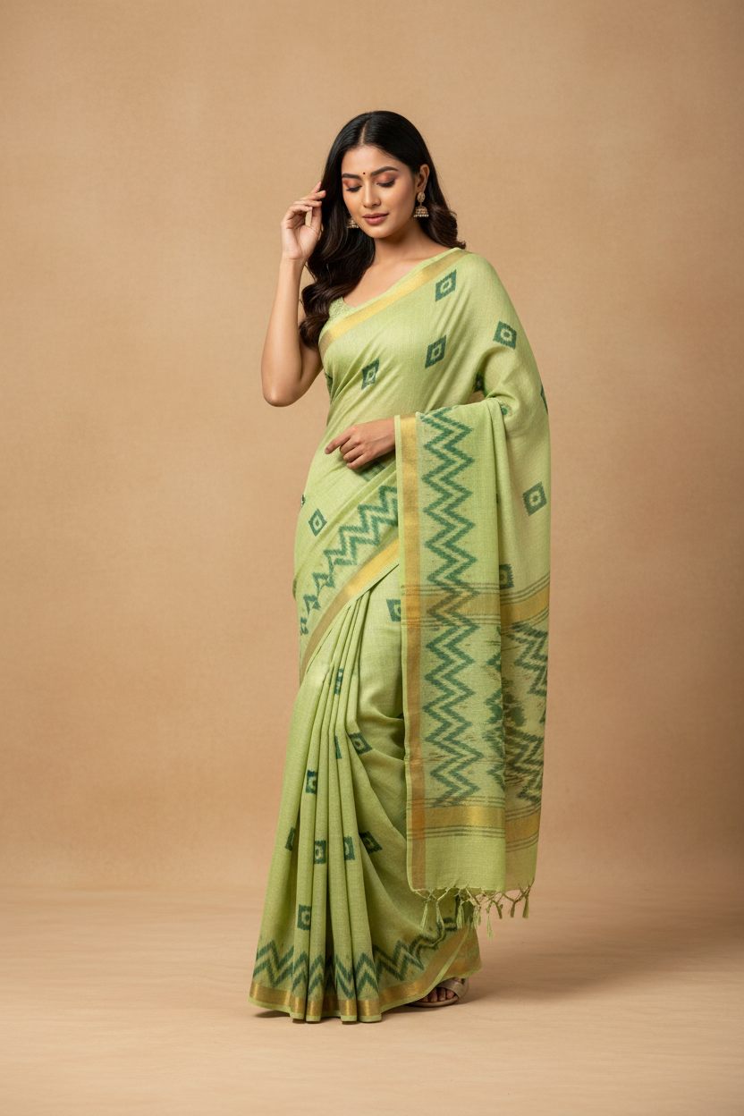 Snuggle Spot Women's Faux Linen Floral Print Ready to wear Saree With Unstitched Blouse 5.5Mtr (Green)