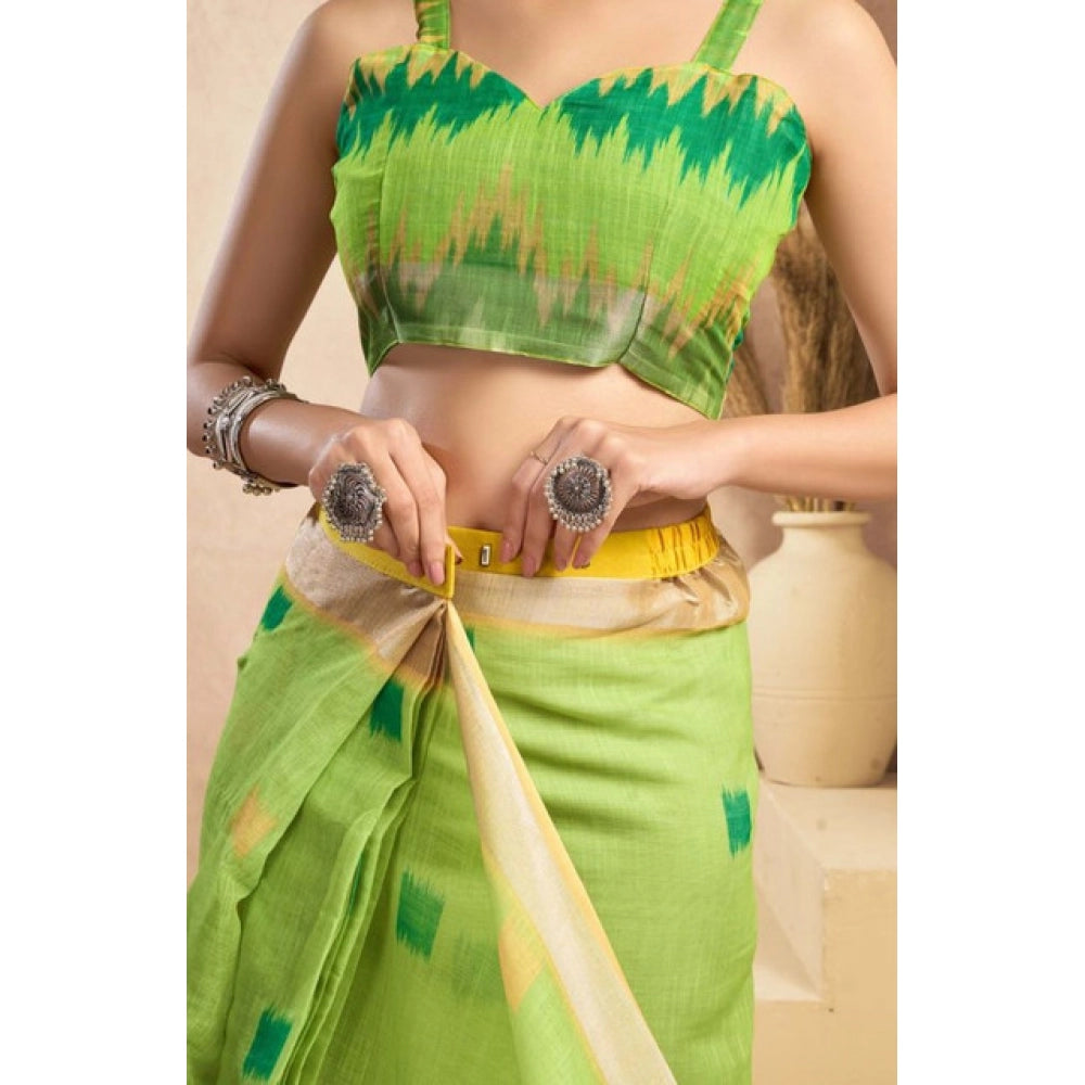 Snuggle Spot Women's Faux Linen Floral Print Ready to wear Saree With Unstitched Blouse 5.5Mtr (Green)