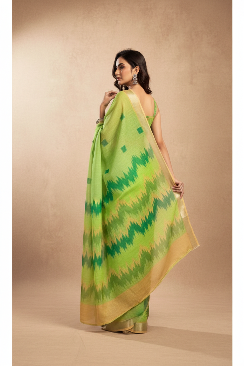 Snuggle Spot Women's Faux Linen Floral Print Ready to wear Saree With Unstitched Blouse 5.5Mtr (Green)