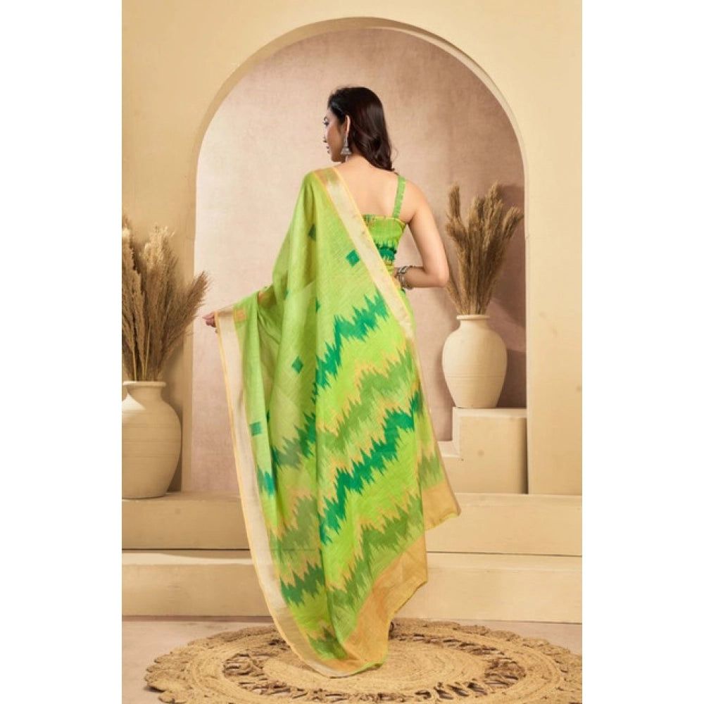Snuggle Spot Women's Faux Linen Floral Print Ready to wear Saree With Unstitched Blouse 5.5Mtr (Green)