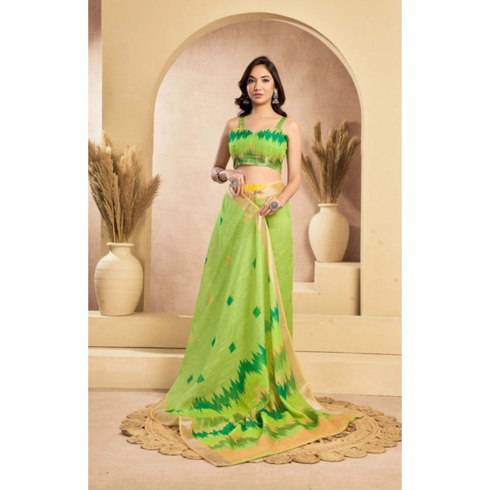 Snuggle Spot Women's Faux Linen Floral Print Ready to wear Saree With Unstitched Blouse 5.5Mtr (Green)