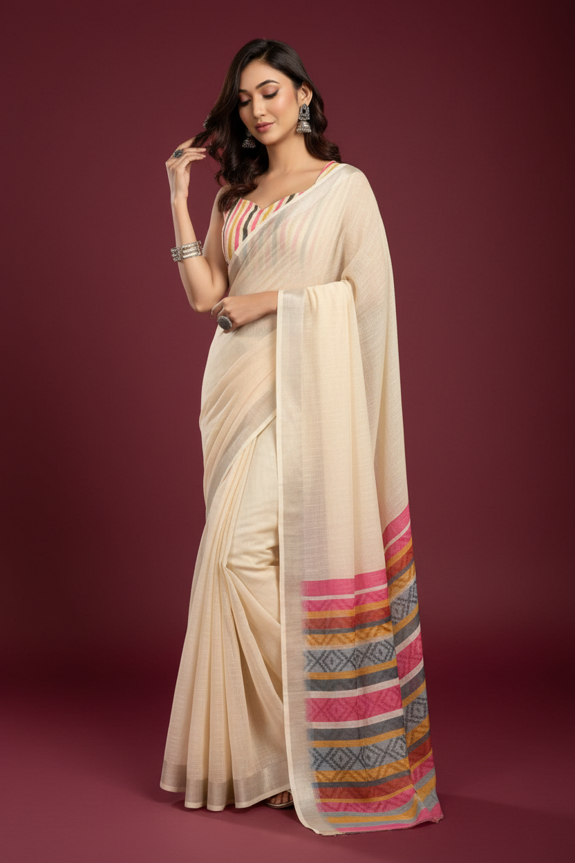 Snuggle Spot Women's Faux Linen Floral Print Ready to wear Saree With Unstitched Blouse 5.5Mtr (Cream)
