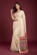 Snuggle Spot Women's Faux Linen Floral Print Ready to wear Saree With Unstitched Blouse 5.5Mtr (Cream)