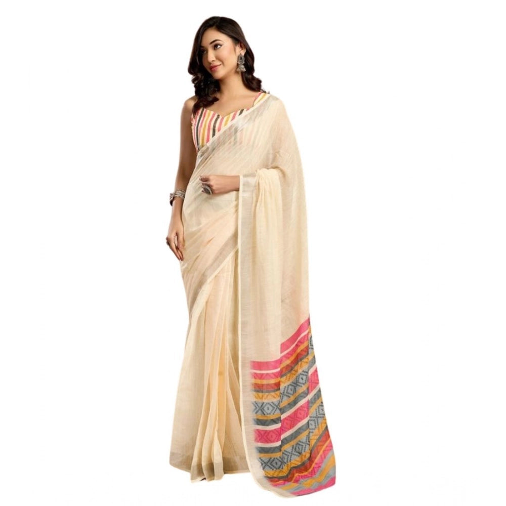 Snuggle Spot Women's Faux Linen Floral Print Ready to wear Saree With Unstitched Blouse 5.5Mtr (Cream)