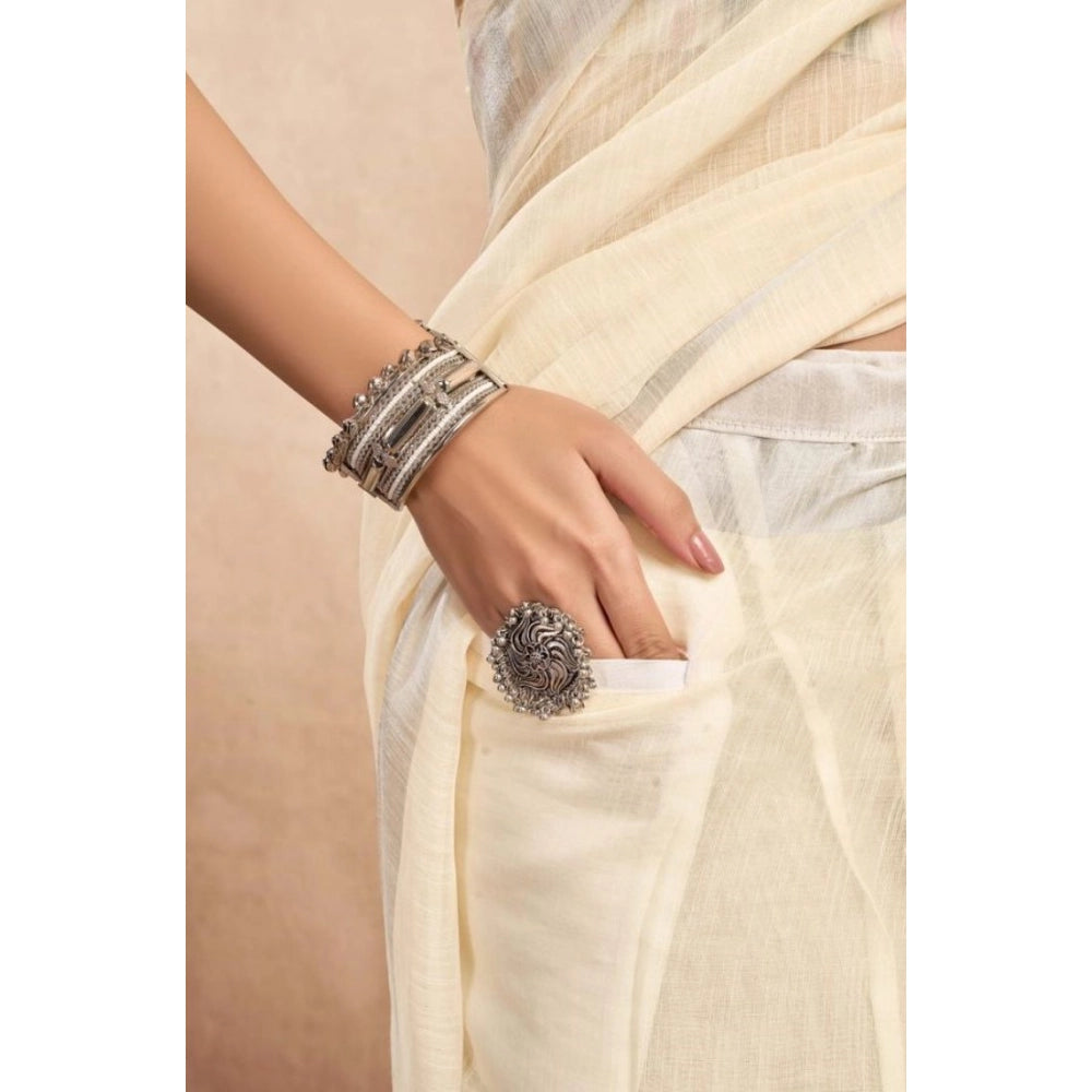 Snuggle Spot Women's Faux Linen Floral Print Ready to wear Saree With Unstitched Blouse 5.5Mtr (Cream)