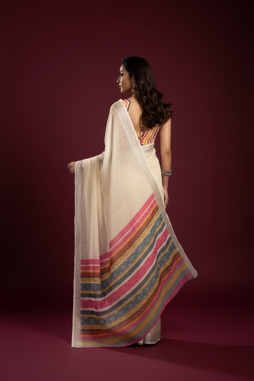 Snuggle Spot Women's Faux Linen Floral Print Ready to wear Saree With Unstitched Blouse 5.5Mtr (Cream)