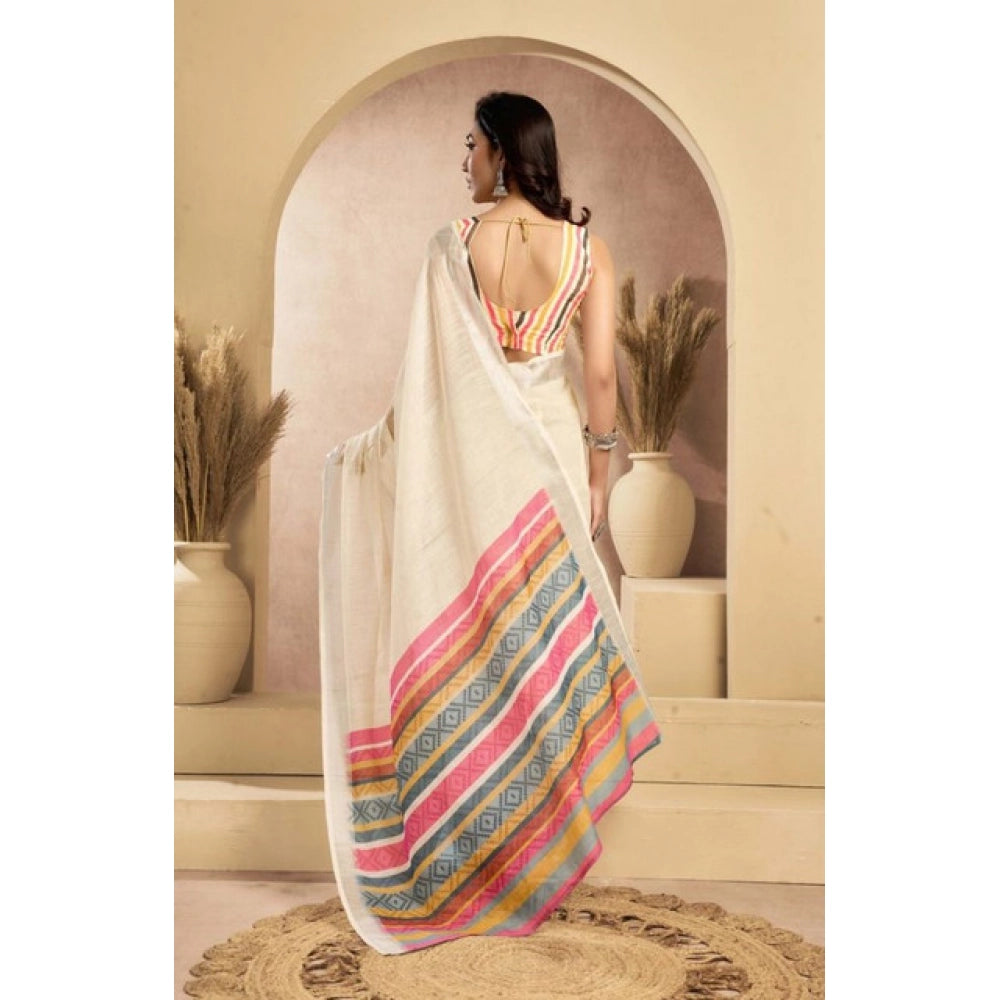 Snuggle Spot Women's Faux Linen Floral Print Ready to wear Saree With Unstitched Blouse 5.5Mtr (Cream)