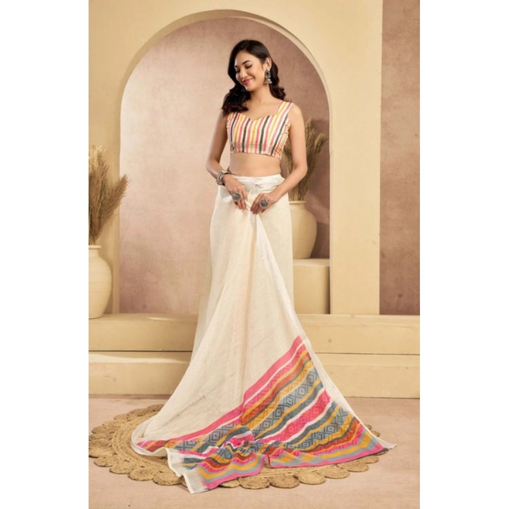 Snuggle Spot Women's Faux Linen Floral Print Ready to wear Saree With Unstitched Blouse 5.5Mtr (Cream)
