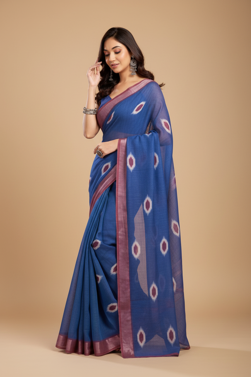 Snuggle Spot Women's Faux Linen Printed Ready to wear Saree With Unstitched Blouse 5.5Mtr (Blue)