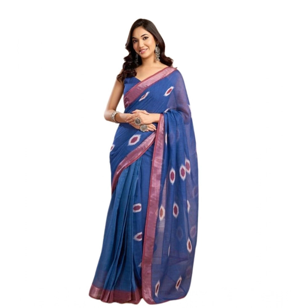 Snuggle Spot Women's Faux Linen Printed Ready to wear Saree With Unstitched Blouse 5.5Mtr (Blue)
