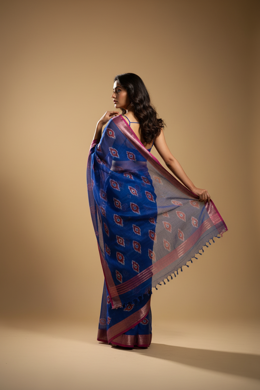 Snuggle Spot Women's Faux Linen Printed Ready to wear Saree With Unstitched Blouse 5.5Mtr (Blue)