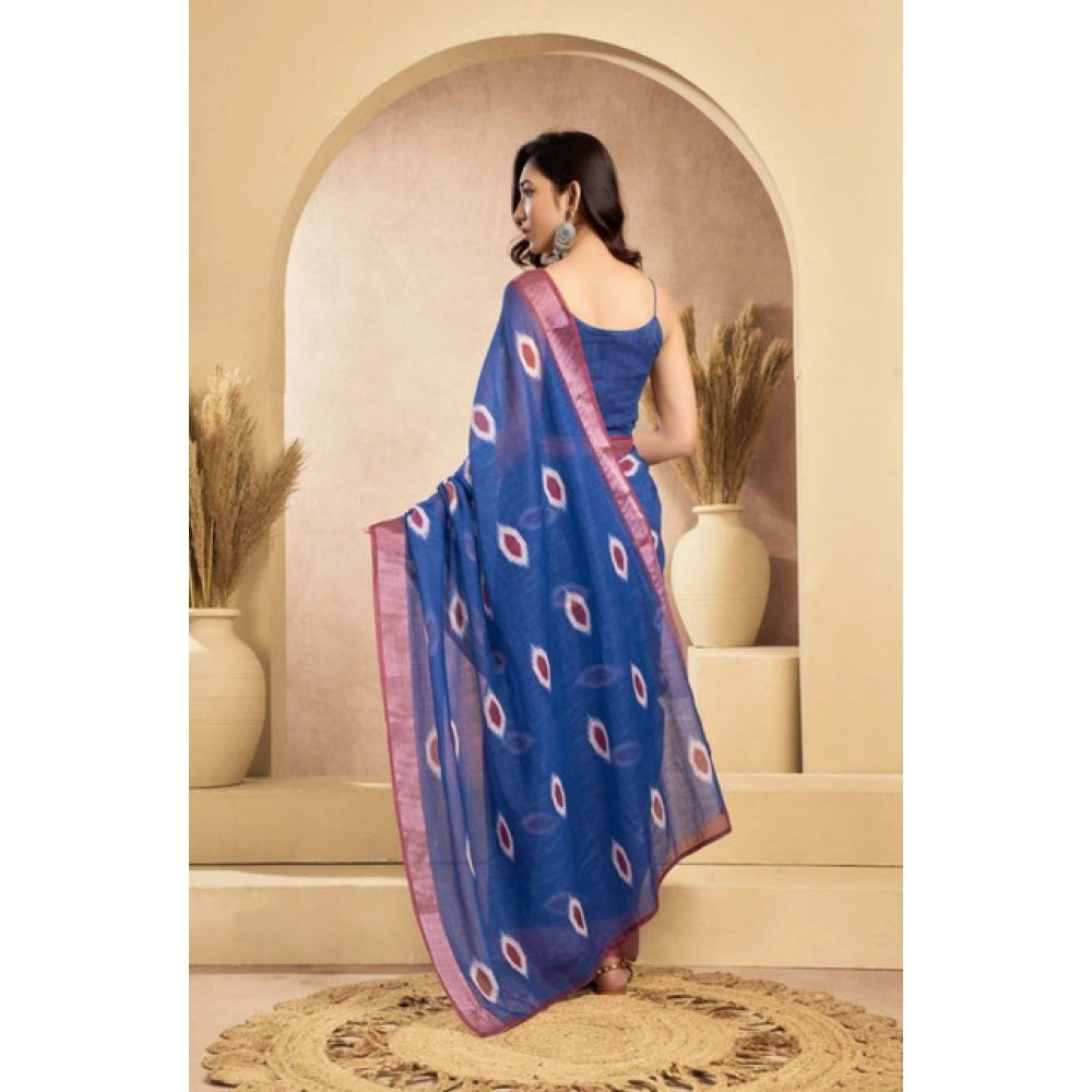 Snuggle Spot Women's Faux Linen Printed Ready to wear Saree With Unstitched Blouse 5.5Mtr (Blue)