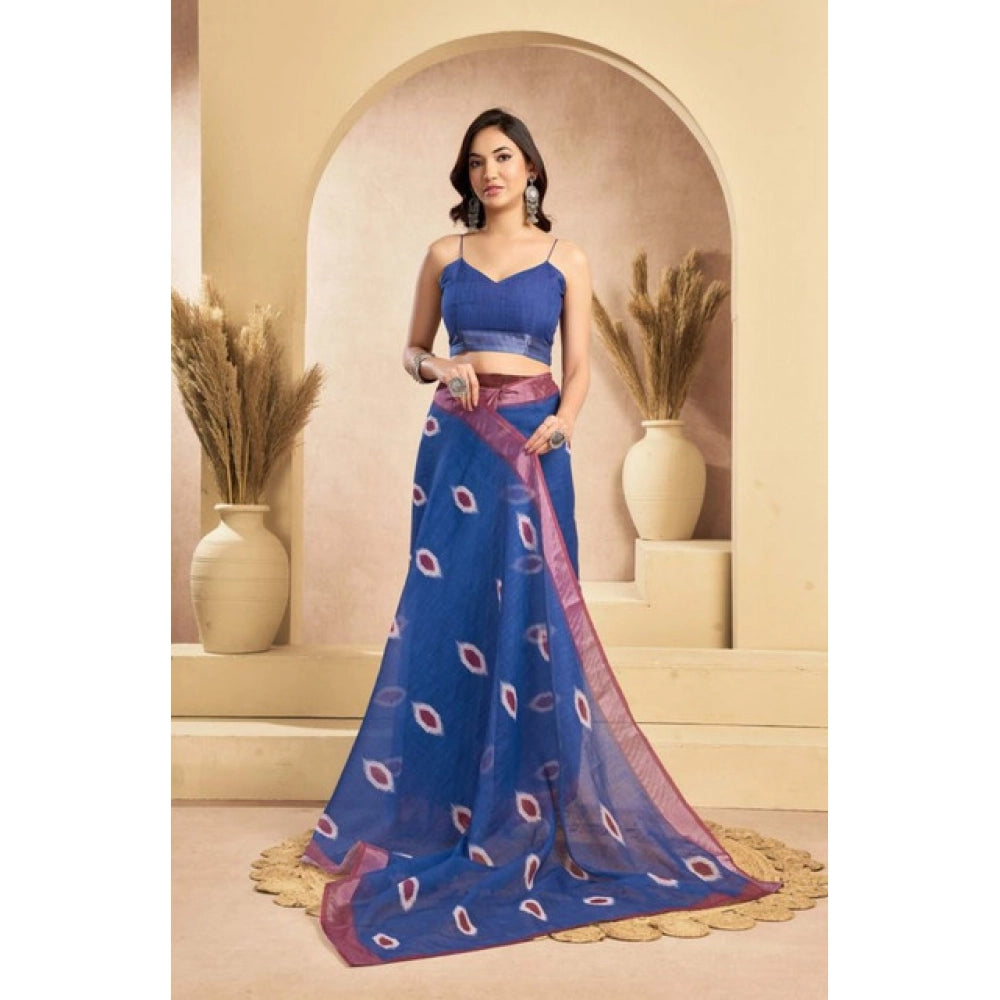 Snuggle Spot Women's Faux Linen Printed Ready to wear Saree With Unstitched Blouse 5.5Mtr (Blue)