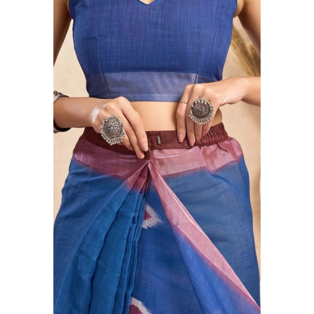 Snuggle Spot Women's Faux Linen Printed Ready to wear Saree With Unstitched Blouse 5.5Mtr (Blue)