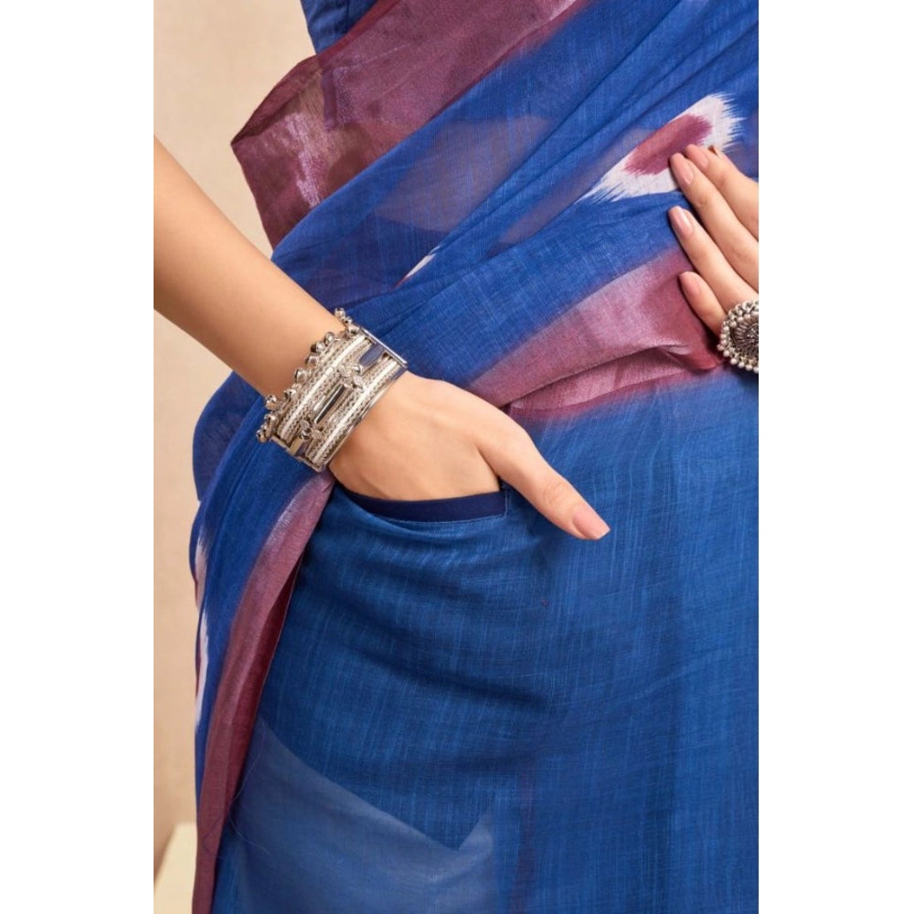 Snuggle Spot Women's Faux Linen Printed Ready to wear Saree With Unstitched Blouse 5.5Mtr (Blue)