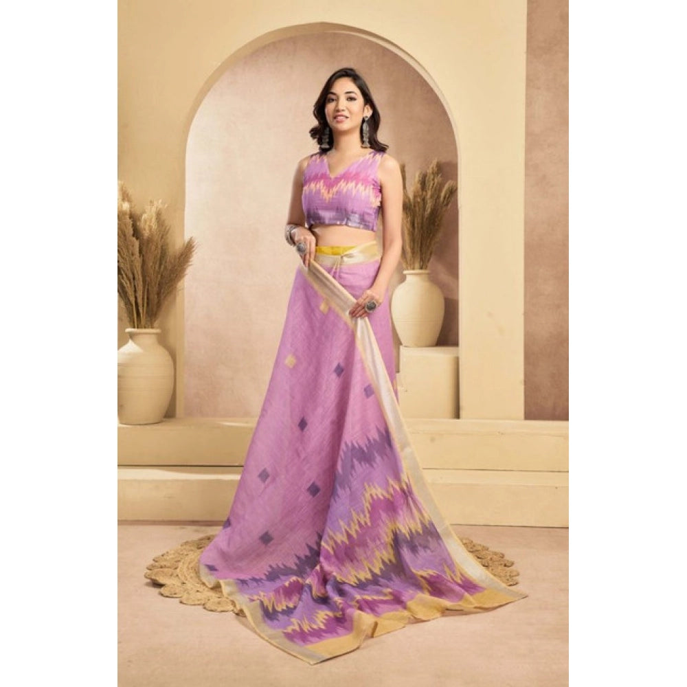 Snuggle Spot Women's Faux Linen Floral Ready to wear Saree With Unstitched Blouse 5.5Mtr (Lavender)