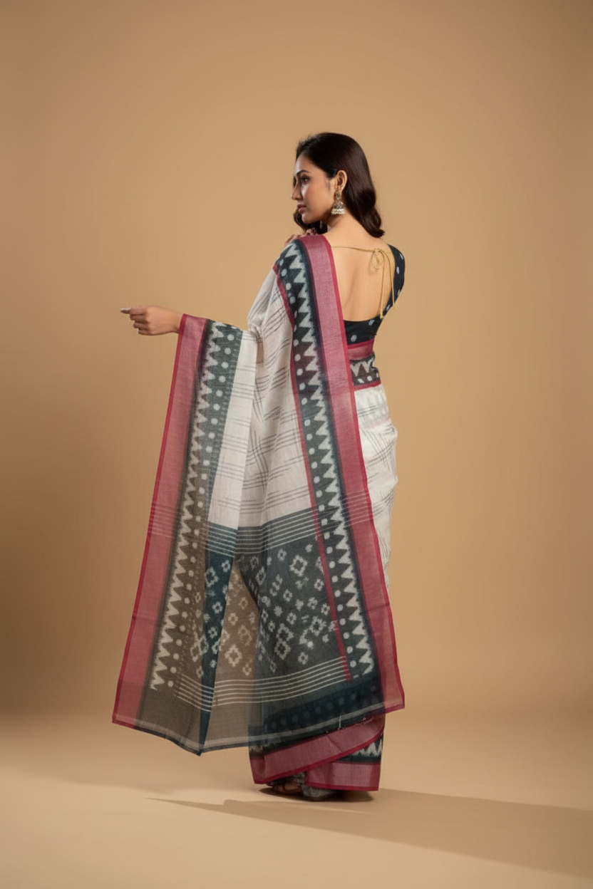 Snuggle Spot Women's Faux Linen Floral Print Ready to wear Saree With Unstitched Blouse 5.5Mtr (OffWhite)