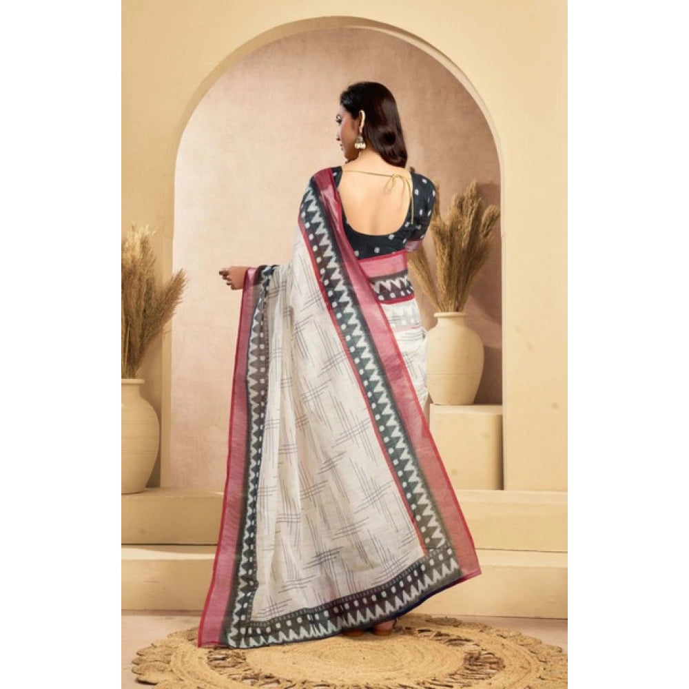 Snuggle Spot Women's Faux Linen Floral Print Ready to wear Saree With Unstitched Blouse 5.5Mtr (OffWhite)