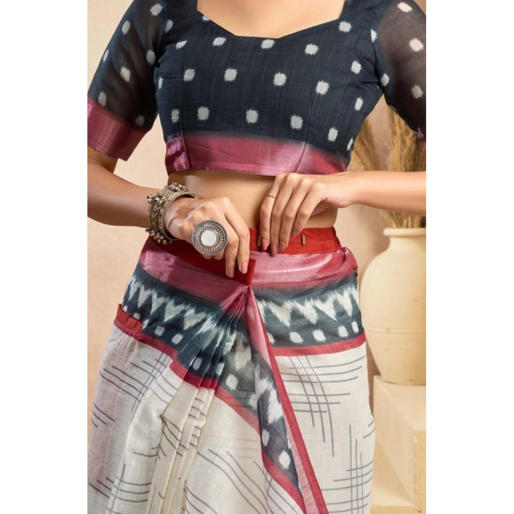 Snuggle Spot Women's Faux Linen Floral Print Ready to wear Saree With Unstitched Blouse 5.5Mtr (OffWhite)