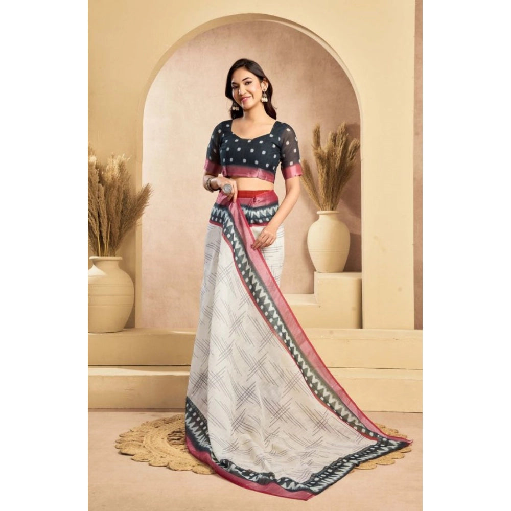 Snuggle Spot Women's Faux Linen Floral Print Ready to wear Saree With Unstitched Blouse 5.5Mtr (OffWhite)