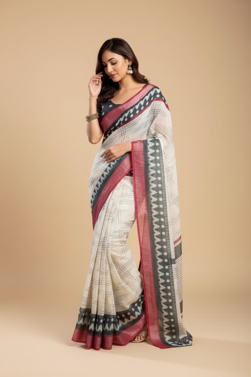 Snuggle Spot Women's Faux Linen Floral Print Ready to wear Saree With Unstitched Blouse 5.5Mtr (OffWhite)