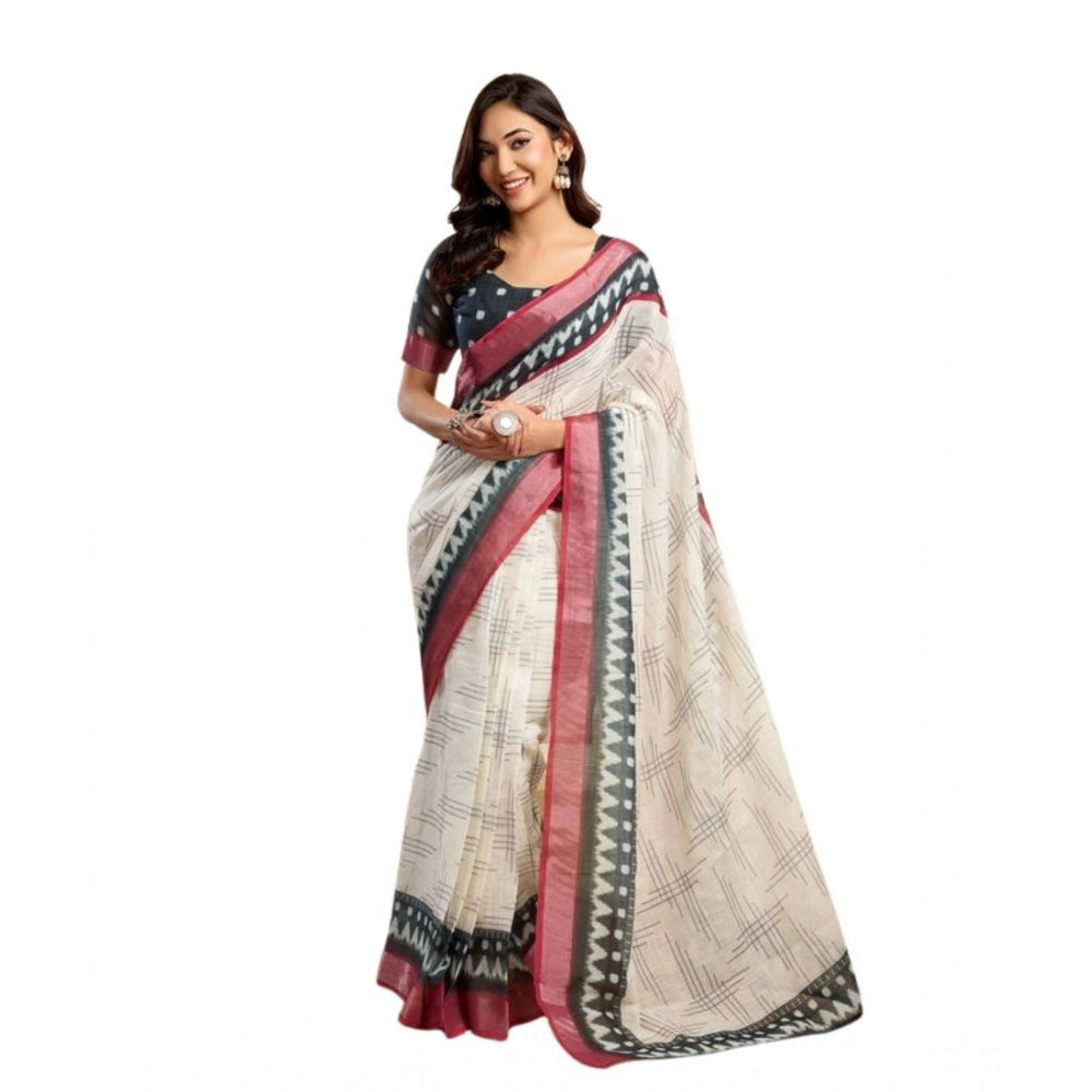 Snuggle Spot Women's Faux Linen Floral Print Ready to wear Saree With Unstitched Blouse 5.5Mtr (OffWhite)