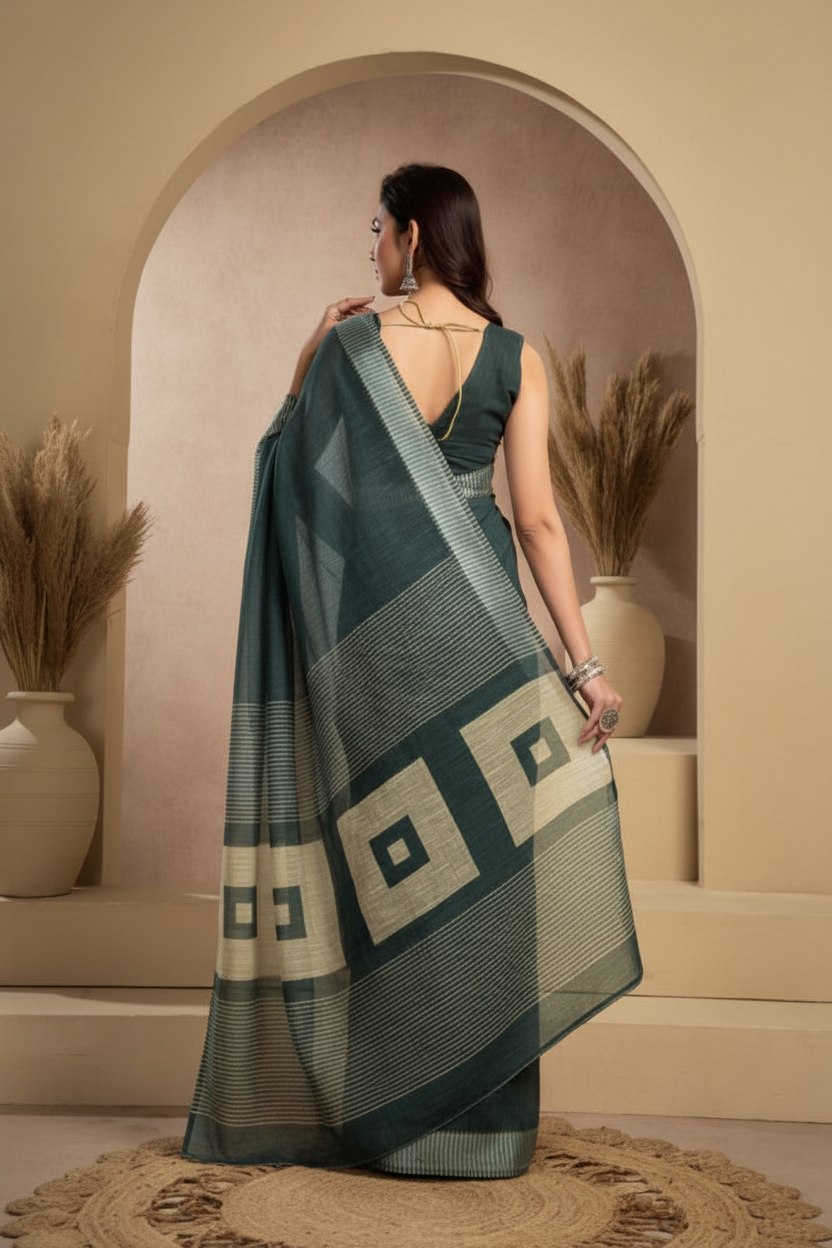Snuggle Spot Women's Faux Linen Floral Ready to wear Saree With Unstitched Blouse 5.5Mtr (Light_Teal)